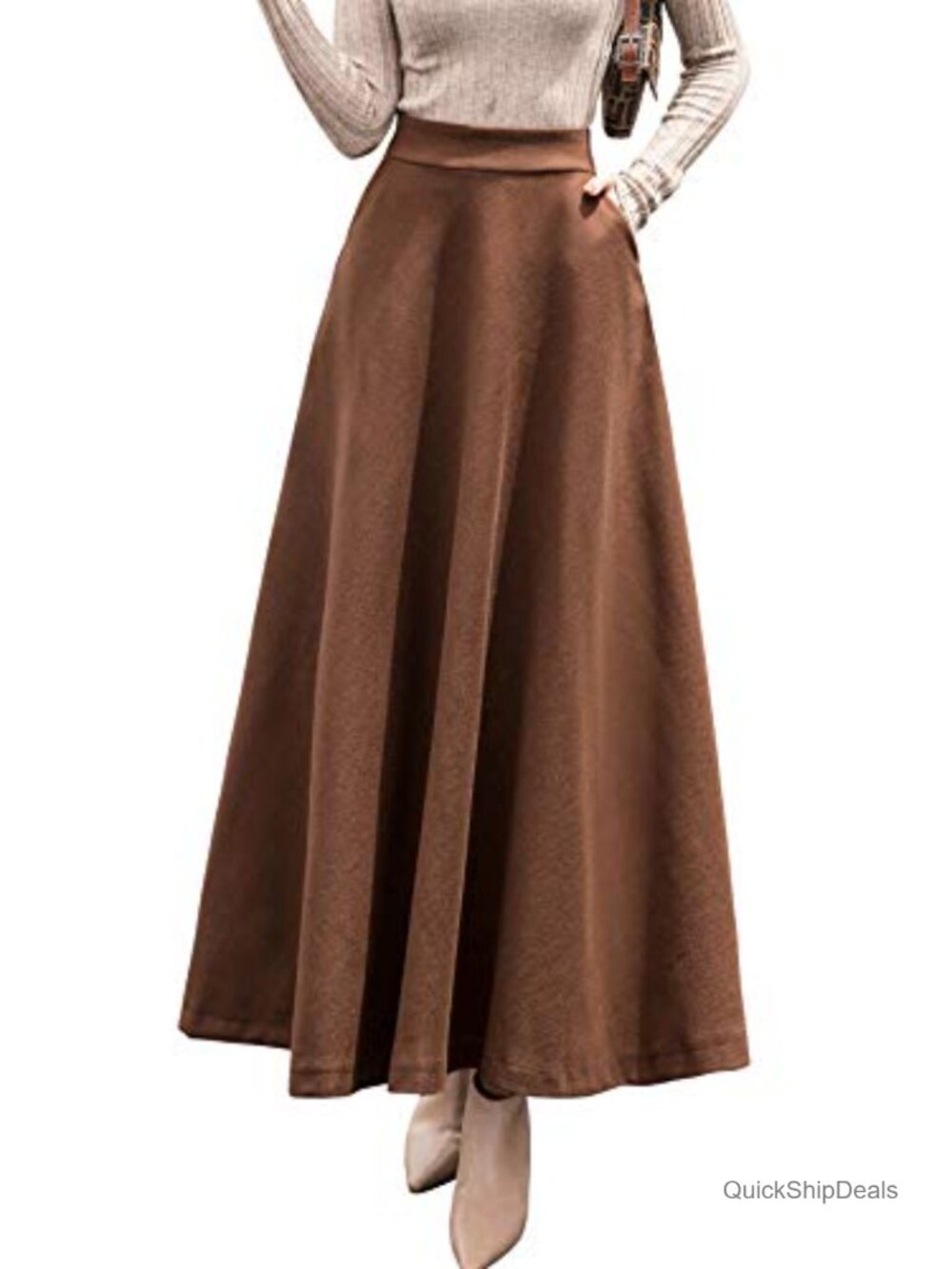 Wool Blend A-Line Pleated Long Maxi Skater Skirt High Rise Winter
